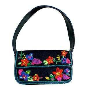 🆕 STAUD Tommy Shoulder Bag Floral Beaded Denim